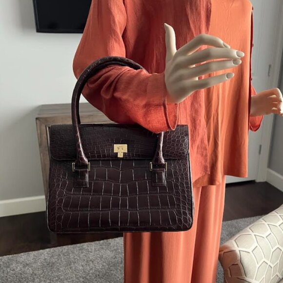 $7.5K LAMBERTSON TRUEX TIFFANY BROWN CROCODILE BOXCAR PURSE BAG - Picture 11 of 11